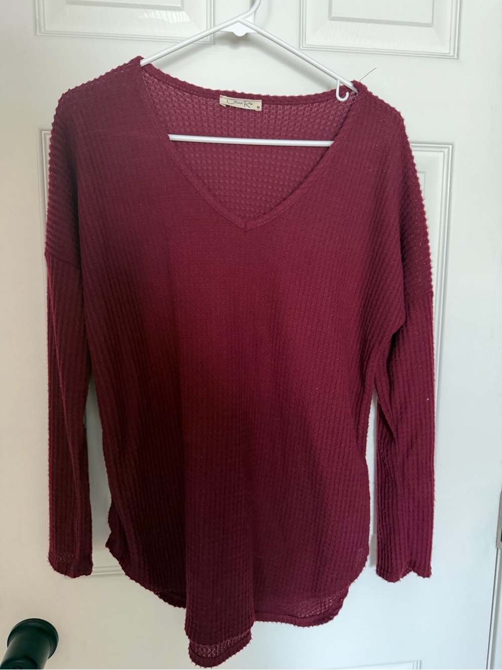 Olivia Rae Wine Red Waffle Knit V-Neck Sweater
